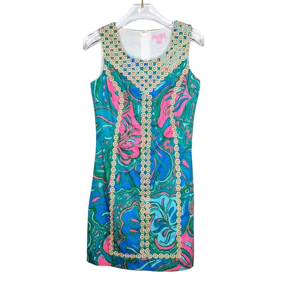 Lilly Pulitzer Blue Macfarlane Shift Dress Gold Embroidered Scoop Neck 00